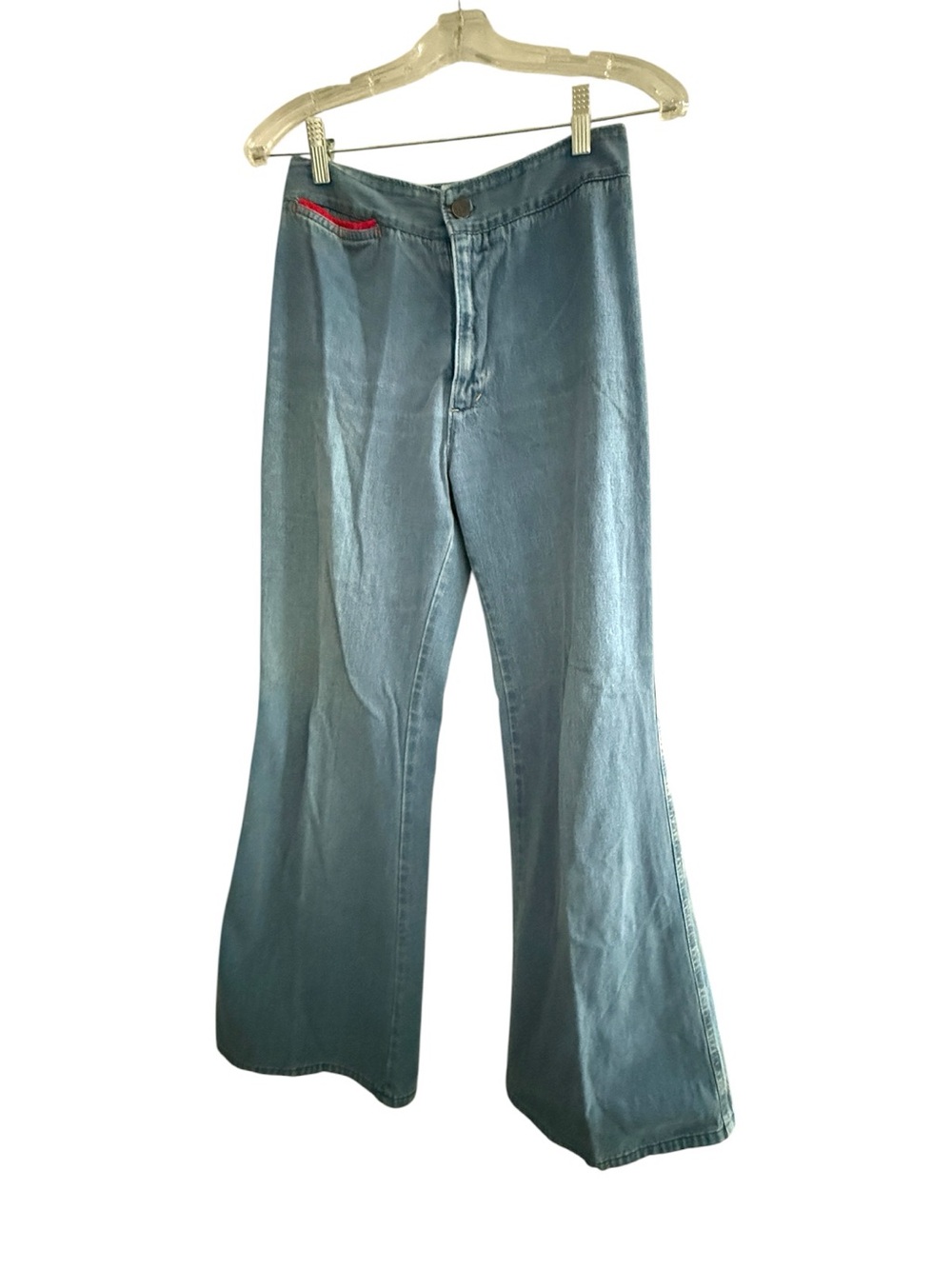 Vintage 1970s Chemin de Fer Bell Bottom Jeans – 27” Waist – Red Pocket Detail